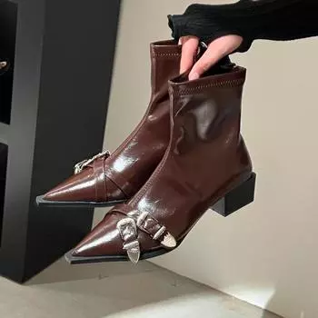 Осенние новые массивные туфли, женская мода, заостренный ремень с металлической пряжкой и боковой молнией, удобные ботильоны 35 чёрный