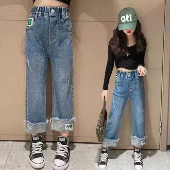 Осенние новые модные джинсы для девочек, детские широкие брюки, брюки, детская одежда 120 синий