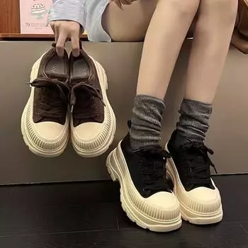 Осенние новые модные милые дизайнерские туфли из холста с круглым носком, удобные повседневные универсальные женские туфли из вулканизированной стали 35 чёрный