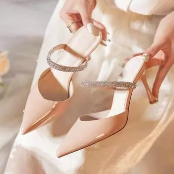 Осенние новые модные женские туфли на высоком каблуке Baotou с острым носком и ромбовидными тонкими шлепанцами 35 телесный