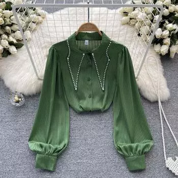 Осенние новые нишевые дизайны, полосатые универсальные модные рубашки с рукавами-фонариками из бисера, женские топы