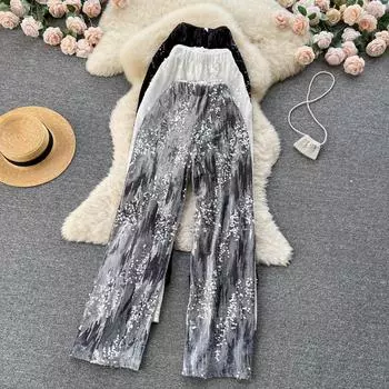 Осенние новые нишевые модные дизайнерские Sense с эластичной резинкой на талии, блестящие нишевые повседневные широкие брюки с бисером, повседневные длинные брюки