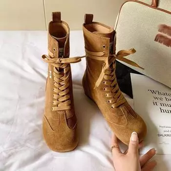 Осенние новые одинарные ботинки на низком каблуке, женские модные замшевые ботинки с круглым носком, со шнуровкой, противоскользящие, износостойкие короткие ботинки 35 чёрный