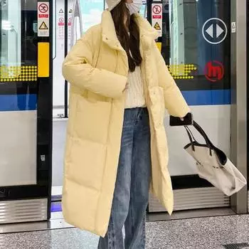 Осенние новые повседневные свободные хлопковые пуховики с длинным рукавом для женщин, зимняя модная верхняя одежда, женские пуховики средней длины, элегантное женское пальто с воротником-стойкой 25464 S белый