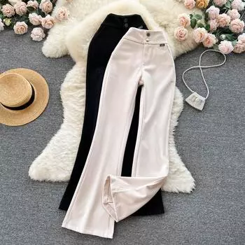 Осенние новые прямые тонкие драпированные брюки с высокой талией и двумя пряжками, повседневные брюки-клеш с микро-клешами