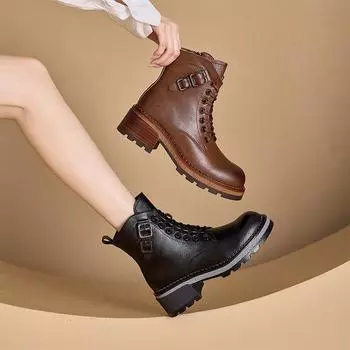 Осенние новые ретро-ботинки из натуральной кожи для женщин с пряжкой, повседневные женские ботильоны на платформе со шнуровкой, женские туфли небольшого размера 32