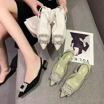 Осенние новые роскошные женские босоножки на высоком каблуке со стразами, сексуальные пикантные туфли-лодочки с открытой пяткой, элегантные туфли на каблуке с острым носком 40 зелёный
