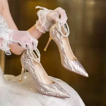 Осенние новые роскошные женские туфли-лодочки, модные остроконечные туфли с пайетками и жемчужной цепочкой, на высоком каблуке, для банкета и свадьбы 38