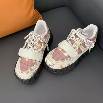 Осенние новые розовые клетчатые новые туфли на липучке для хлеба женские с большой головкой универсальные толстые подошвы уродливые милые стильные туфли высокая красота 35 розовый