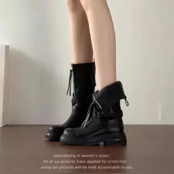 Осенние новые сапоги длиной до колена, женские сапоги с пряжкой на толстой подошве, мотоциклетные сапоги, модные сапоги с высоким рукавом 35