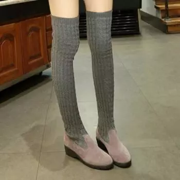 Осенние новые сапоги на покатом каблуке, женские модные сапоги до бедра из замши с круглым носком и трикотажной дышащей тканью 35 чёрный