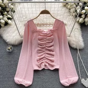 Осенние новые сплошные цветные плиссированные деревянные ушные кромки с объемными рукавами и квадратным воротником, тонкие женские топы с длинными рукавами во французском стиле