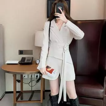 Осенние новые свободные блейзеры средней длины с поясом, двубортные черные бежевые пальто S чёрный