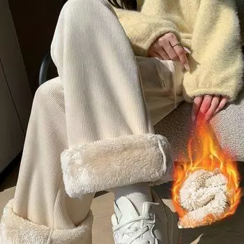 Осенние новые свободные повседневные флисовые женские брюки, модные зимние бархатные широкие брюки, женские элегантные прямые вельветовые брюки с высокой талией 25415 S чёрный