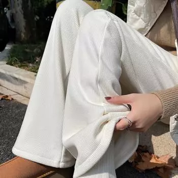 Осенние новые свободные трикотажные расклешенные брюки для женщин, зимние толстые флисовые облегающие женские широкие брюки с высокой талией, повседневные простые женские брюки 25685 S чёрный