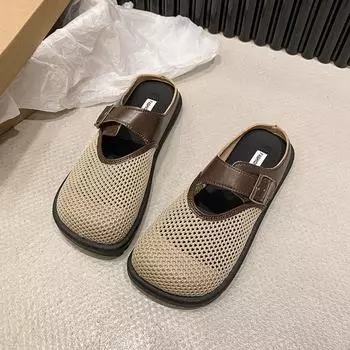 Осенние новые тапочки Baotou, женская мода, круглая сетка, дышащая мягкая подошва, нескользящая плоская обувь 35 чёрный