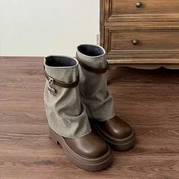 Осенние новые толстые каблуки одинарные сапоги женские модные круглые сапоги толстая подошва металлическая пряжка удобные брюки сапоги 35 чёрный