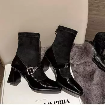 Осенние новые толстые каблуки одинарные сапоги женские модные квадратные головки неглубокие горловины после молнии темперамент короткие сапоги 35 чёрный