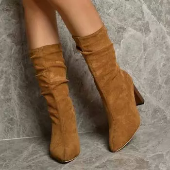 Осенние новые толстые каблуки одинарные сапоги женские модные остроносые замшевые складчатые нескользящие износостойкие сапоги на высоком каблуке до середины икры 35 чёрный