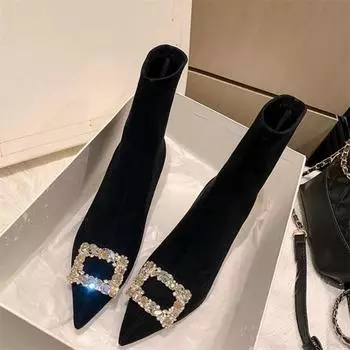 Осенние новые тонкие каблуки одинарные сапоги женские модные остроносые замшевые темпераментные короткие сапоги со стразами и пряжкой 34