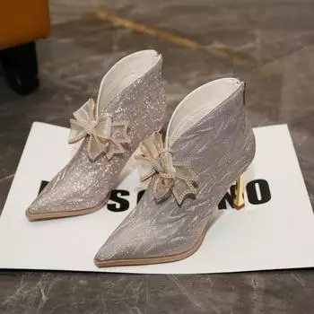 Осенние новые тонкие каблуки-одиночки женские модные остроносые стразы бабочка узел темперамент короткие высокие каблуки 34 шампанского