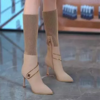 Осенние новые тонкие каблуки-одиночные сапоги женские модные заостренные металлические пряжки боковые молнии сращивание высокие каблуки эластичные сапоги 34 чёрный