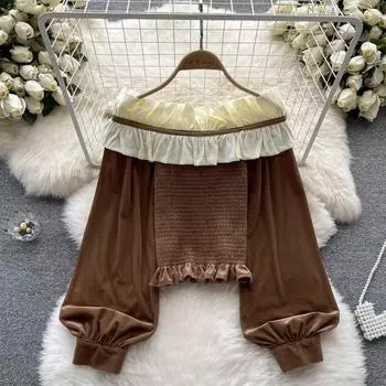 Осенние новые тонкие короткие женские топы в стиле ретро с оборками на плечах и талией