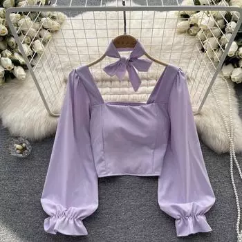 Осенние новые топы с бантом и открытой шеей, французские топы со шнуровкой, квадратный вырез, короткие сексуальные рукава-пузырьки, сто топов