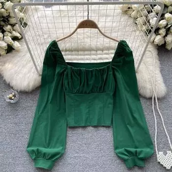 Осенние новые топы с откидной крышкой и квадратным воротником для пожилых людей, плиссированные дизайнерские топы с шикарной талией и короткими рукавами-пузырьками