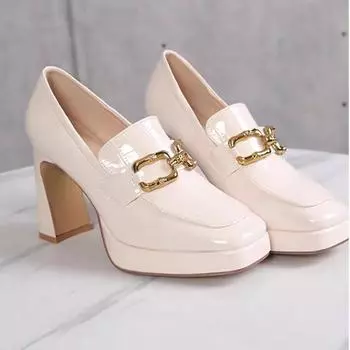 Осенние новые туфли-лоферы, женская мода, ретро, с металлической пряжкой, одинарные туфли, женская повседневная обувь из искусственной кожи, каблуки, женские туфли-лодочки 35