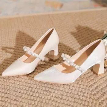 Осенние новые туфли на грубом каблуке, женские модные туфли с заостренным носком, неглубоким горлом, украшенные бисером, на одной пуговице, темпераментные туфли на высоком каблуке 35 бежевый