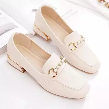 Осенние новые туфли на грубом каблуке, женские модные туфли с квадратной головкой и глубоким ртом, с бусинами, мягкая подошва, нескользящая, с низким верхом 36 бежевый