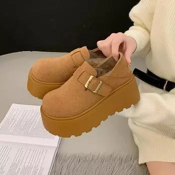 Осенние новые туфли на покатом каблуке, женские модные туфли из замши с круглым носком и глубоким носком, толстая подошва, нескользящая, с низким верхом 35 жёлтый