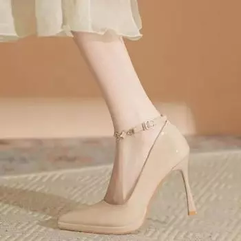 Осенние новые туфли на шпильках с высоким каблуком, женские туфли с острым носком и неглубокой горловиной, с металлической цепочкой, противоскользящие, износостойкие, одинарные туфли 34