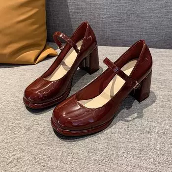 Осенние новые туфли на толстом каблуке, женские модные туфли с круглым носком, неглубоким воротом, толстым дном, однорядным ремнем, высокие каблуки 35 чёрный