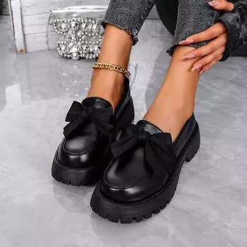 Осенние новые туфли на толстом каблуке, женские модные туфли с круглым носком, глубоким носком, бабочкой, толстая подошва, нескользящие мокасины 35 чёрный