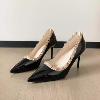 Осенние новые туфли на тонком каблуке, женская мода, заостренный нос, неглубокий нос, заклепки, соответствующие цвету, темперамент, высокие каблуки 34