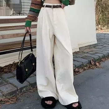 Осенние новые вельветовые брюки большого размера с широкими штанинами, женские модные облегающие свободные повседневные брюки, женские однотонные прямые офисные брюки с высокой талией 25297 S чёрный