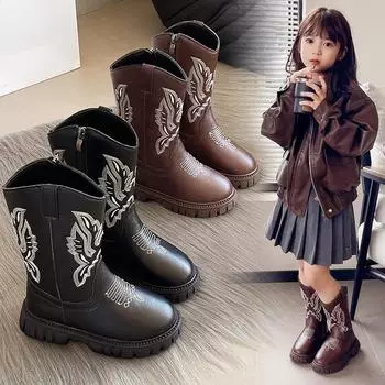 Осенние новые винтажные вышитые сапоги средней высоты 27 коричневый