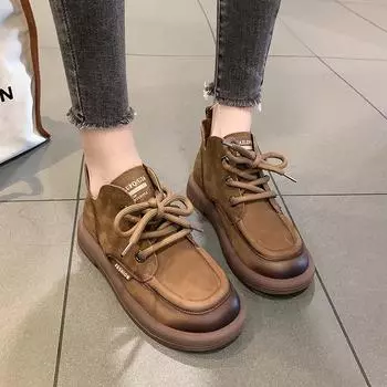 Осенние новые винтажные женские весенние британские универсальные удобные ботинки с круглым носком на шнуровке 35