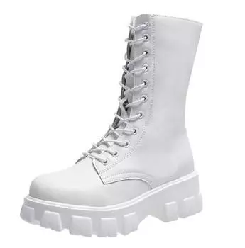 Осенние новые женские ботинки большого размера, мотоциклетные ботинки средней длины, британские ветровки, короткие ботинки на толстой подошве, женские тонкие ботинки P339 35 белый