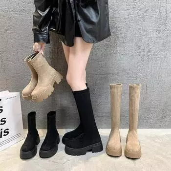 Осенние новые женские ботинки челси, модные туфли на платформе с круглым носком для женщин, повседневные туфли на толстом каблуке из замши Botas De Mujer 35