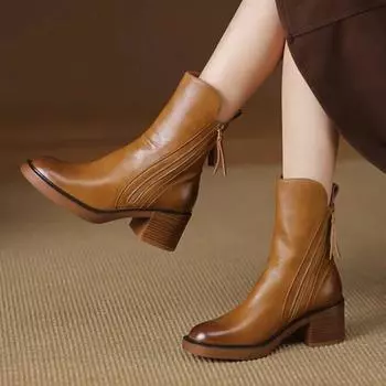 Осенние новые женские сапоги, модные кожаные сапоги на высоком каблуке, ретро-сапоги на молнии для женщин, сапоги на платформе и высоком каблуке Botas Mujer 34 коричневый
