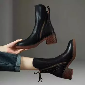 Осенние новые женские сапоги, модные кожаные сапоги на высоком каблуке, ретро-сапоги на молнии для женщин, сапоги на платформе и высоком каблуке Botas Mujer 34 коричневый