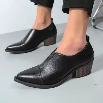 Осенние новые женские туфли с острым носком на толстом среднем каблуке в стиле ретро, черные модные туфли большого размера для работы, на толстом каблуке, женские туфли 35 чёрный