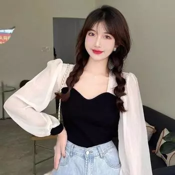 Осенние облегающие топы с длинными рукавами и квадратным вырезом, женская блузка с пышными рукавами, лоскутные блузки M