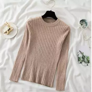 Осенние облегающие вязаные свитера с круглым вырезом для женщин, зимние новые модные свитера с длинным рукавом, женские элегантные однотонные повседневные женские джемперы 25477 One Size хаки