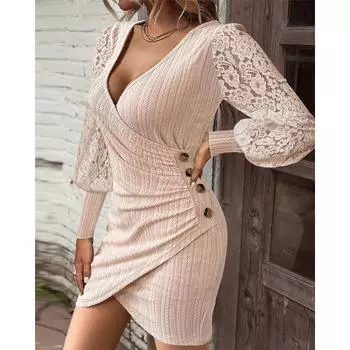 Осенние однотонные облегающие сексуальные облегающие платья с V-образным вырезом и длинными рукавами для женщин S чёрный