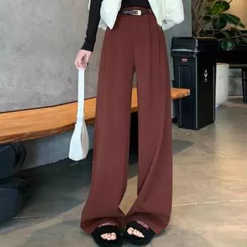 Осенние однотонные шерстяные широкие брюки женские модные прямые свободные брюки с высокой талией зимние повседневные брюки женские элегантные винтажные простые женские брюки 25895 S чёрный