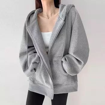 Осенние однотонные свободные толстовки с капюшоном на молнии, женские зимние толстовки с длинным рукавом, плюшевые толстовки, куртка для женщин, модная повседневная верхняя одежда больших размеров, пальто 25158 M